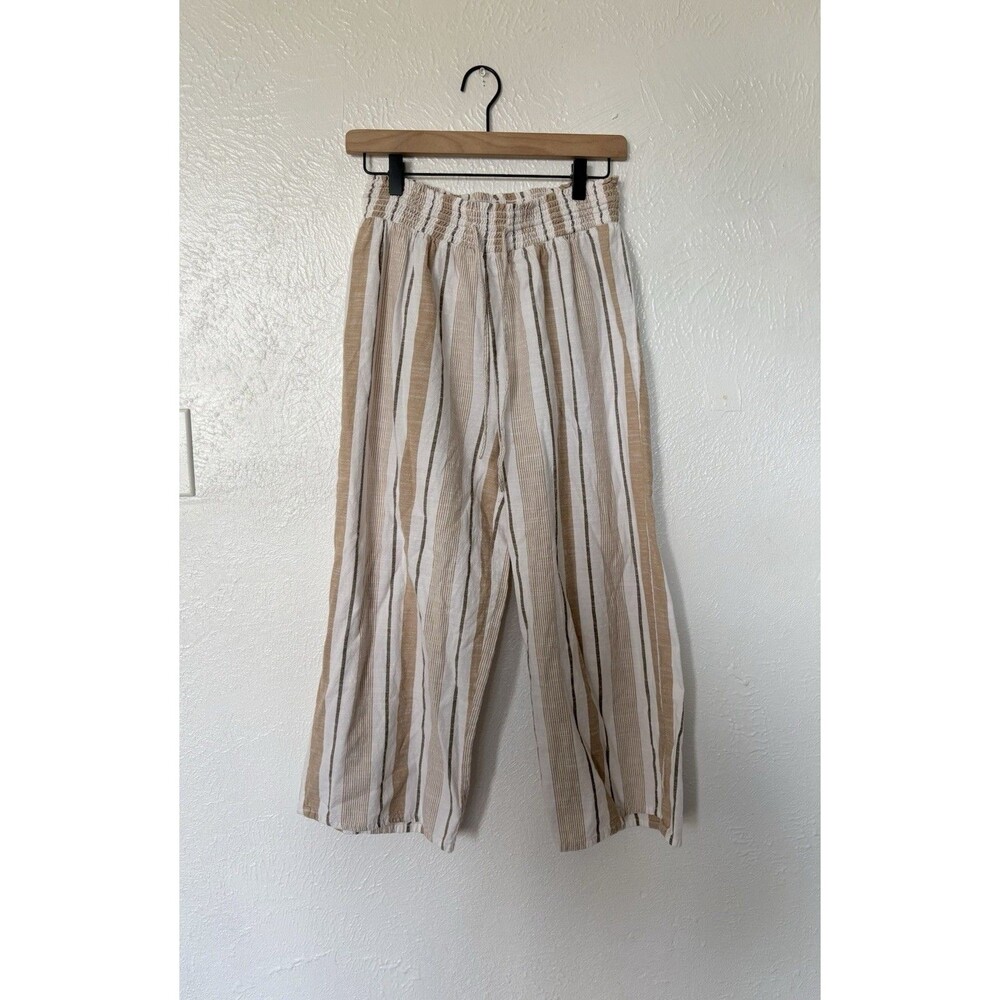 Mlle Gabrielle Women's Tan & White Striped Elastic Pull Up Cropped Pants Size L